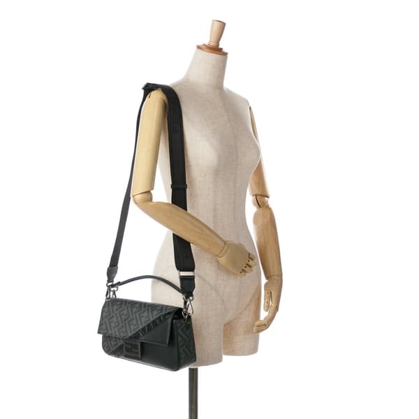 Pre-owned Fendi Zucca Coated Canvas And Calfskin Baguette Satchel Black