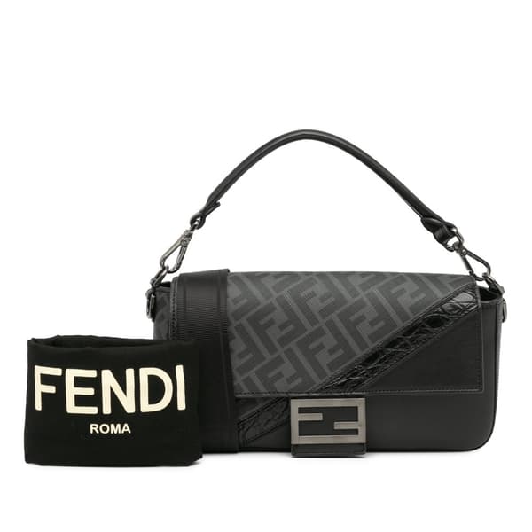 Pre-owned Fendi Zucca Coated Canvas And Calfskin Baguette Satchel Black