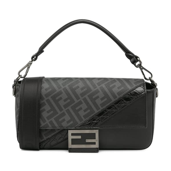 Pre-owned Fendi Zucca Coated Canvas And Calfskin Baguette Satchel Black