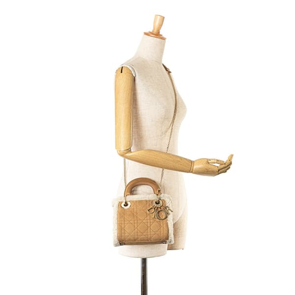 Pre-owned Dior Mini Suede Shearling Cannage Lady Dior Brown