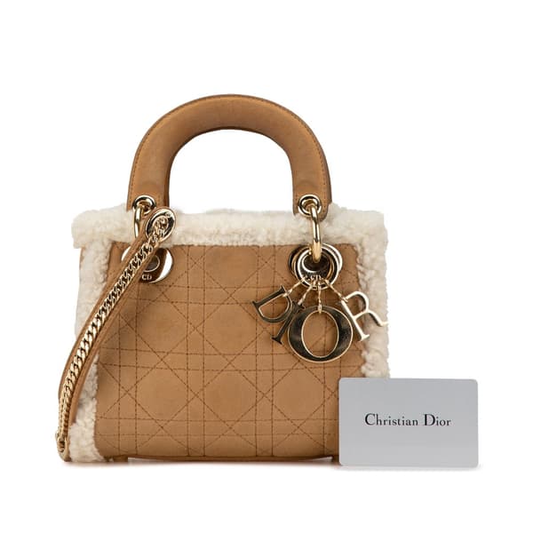 Pre-owned Dior Mini Suede Shearling Cannage Lady Dior Brown
