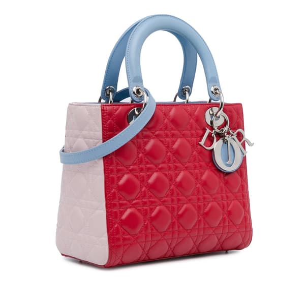 Pre-owned Dior Medium Tricolor Lambskin Cannage Lady Dior Red