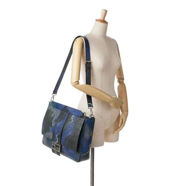 Pre-owned Fendi Large Zucca Perforated Leather Baguette Satchel Blue