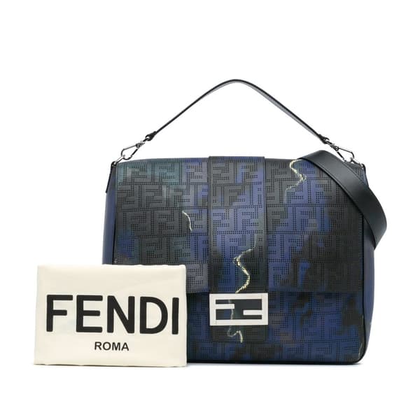 Pre-owned Fendi Large Zucca Perforated Leather Baguette Satchel Blue