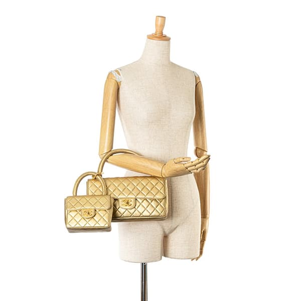 Pre-owned Chanel Lambskin Parent Child Kelly Set Top Handle Bag Gold
