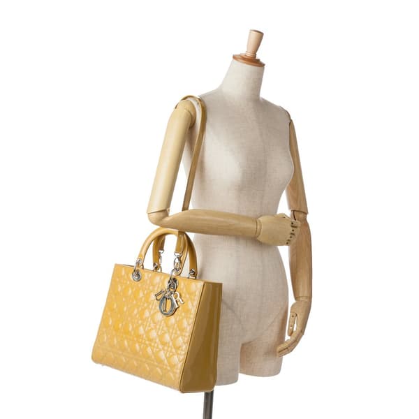 Pre-owned Dior Large Patent Cannage Lady Dior Yellow