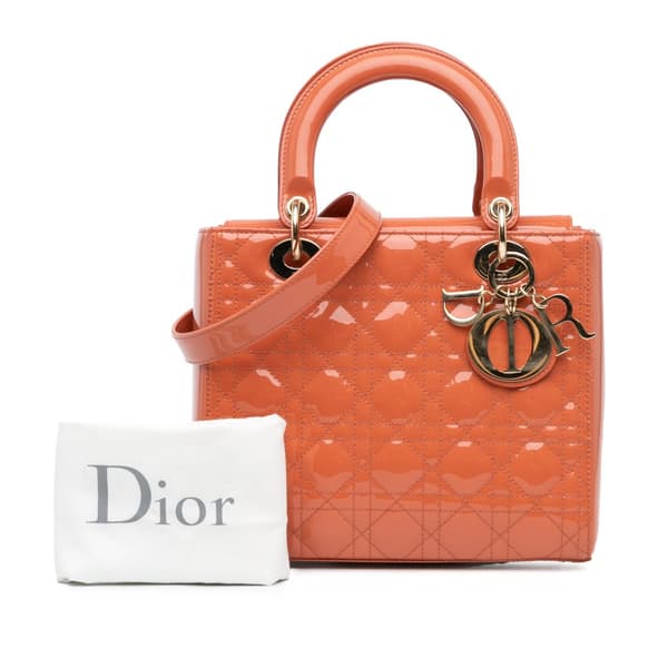 Pre-owned Dior Medium Patent Cannage Lady Dior Orange