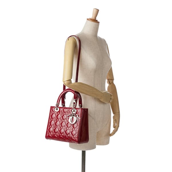 Pre-owned Dior Medium Patent Cannage Lady Dior Red