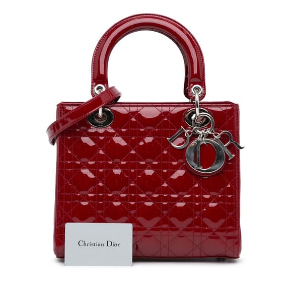 Pre-owned Dior Medium Patent Cannage Lady Dior Red