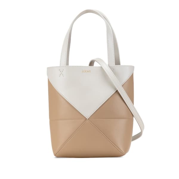 Pre-owned LOEWE Mini Bicolor Calfskin Puzzle Fold Tote Brown