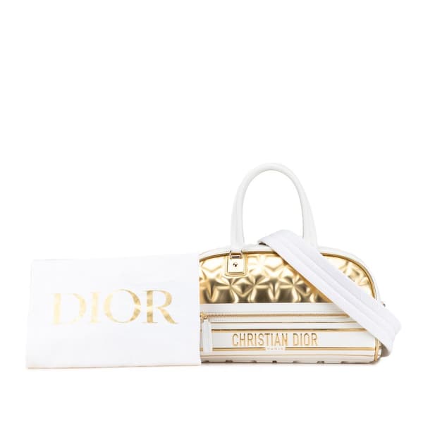 Pre-owned Dior Medium Padded Etoile Leather Vibe Zip Bowling Bag Gold