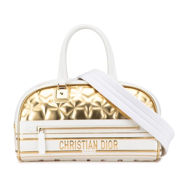 Pre-owned Dior Medium Padded Etoile Leather Vibe Zip Bowling Bag Gold