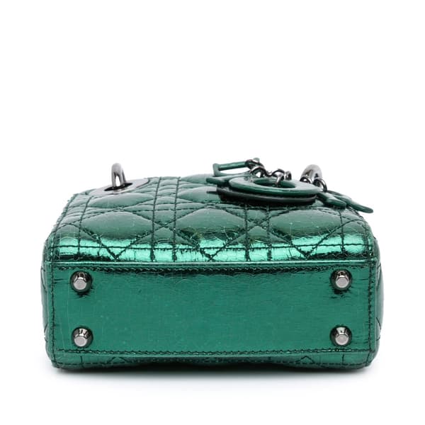 Pre-owned Dior Micro Metallic Crinkled Calfskin Cannage Lady Dior Green