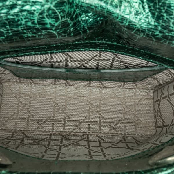 Pre-owned Dior Micro Metallic Crinkled Calfskin Cannage Lady Dior Green