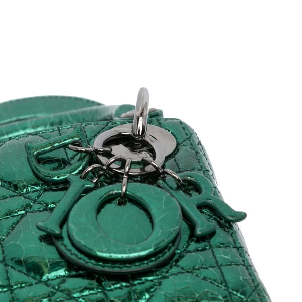 Pre-owned Dior Micro Metallic Crinkled Calfskin Cannage Lady Dior Green