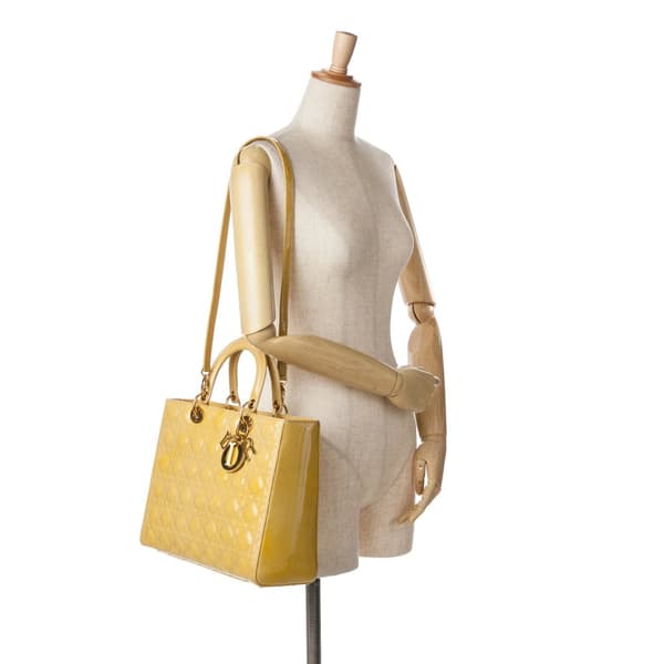Pre-owned Dior Large Patent Cannage Lady Dior Yellow