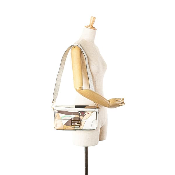 Pre-owned Fendi Zucca Graphic Print Coated Canvas Bikini Girls Baguette Satchel White