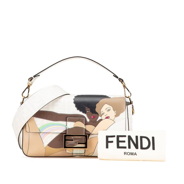 Pre-owned Fendi Zucca Graphic Print Coated Canvas Bikini Girls Baguette Satchel White