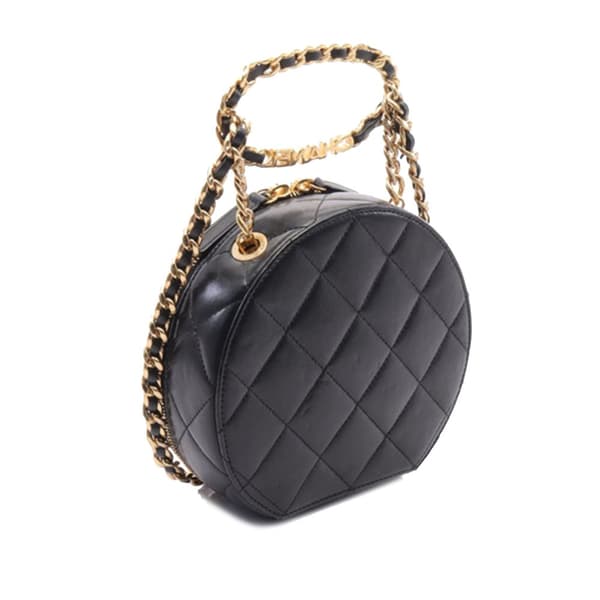Pre-owned Chanel Quilted Lambskin Oval Logo Chain Top Handle Round Clutch on Chain Black