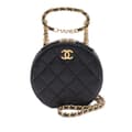 Miniatyrbild 1 av 6: Pre-owned Chanel Quilted Lambskin Oval Logo Chain Top Handle Round Clutch on Chain Black