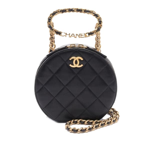 Pre-owned Chanel Quilted Lambskin Oval Logo Chain Top Handle Round Clutch on Chain Black