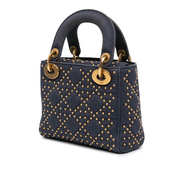 Pre-owned Dior Mini Denim Cannage Studded Supple Lady Dior Blue