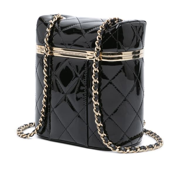 Pre-owned Chanel Quilted Patent Logo Chain Vanity Case Black