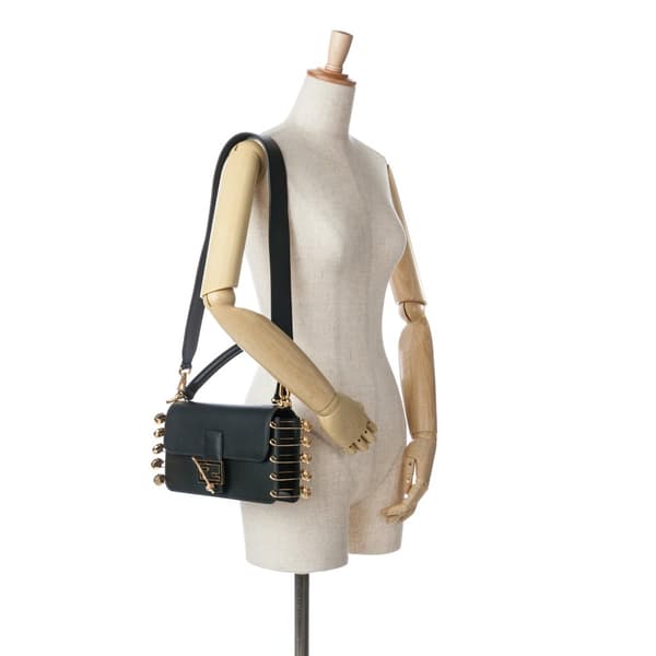 Pre-owned Fendi Versace Vitello Seta Fendace Brooch Baguette Satchel Black