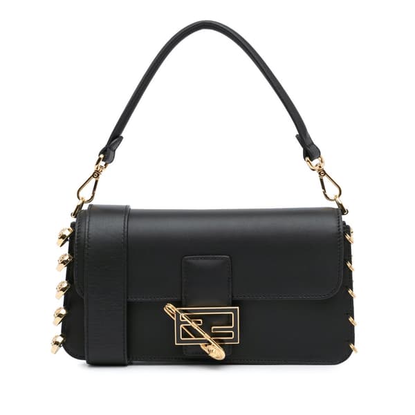 Pre-owned Fendi Versace Vitello Seta Fendace Brooch Baguette Satchel Black