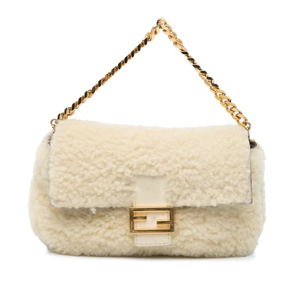 Pre-owned Fendi Mini Shearling Baguette White