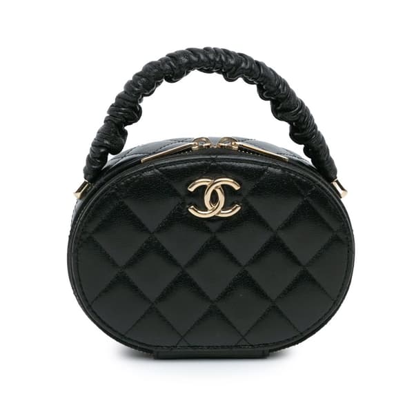 Pre-owned Chanel CC Quilted Lambskin Oval Top Handle Clutch Black