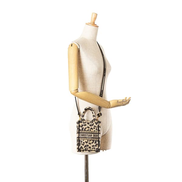 Pre-owned Dior Mizza Mini Embroidered Canvas Leopard Vertical Book Tote Brown