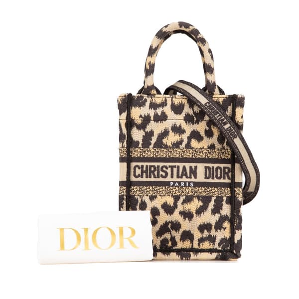 Pre-owned Dior Mizza Mini Embroidered Canvas Leopard Vertical Book Tote Brown