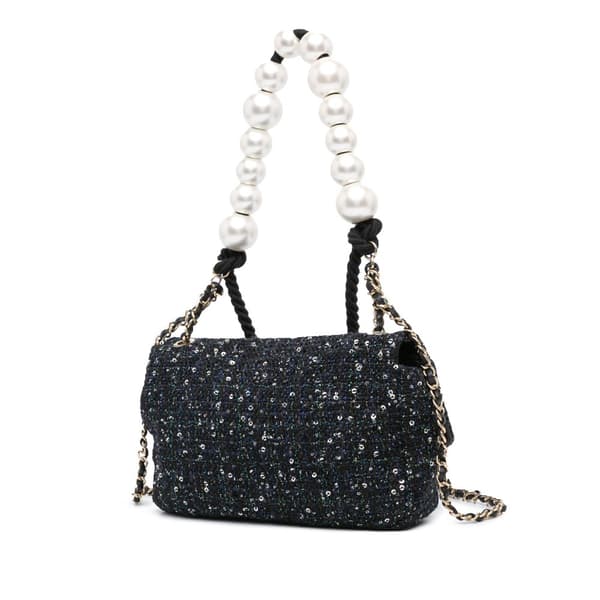 Pre-owned Chanel Medium Tweed Pearl Handle Flap Blue