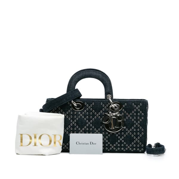 Pre-owned Dior Medium Denim Cannage Eyelet Lady D Joy Blue
