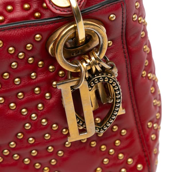 Pre-owned Dior Mini Lambskin Cannage Studded Supple Lady Dior Red