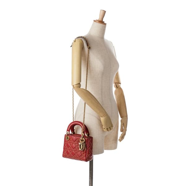 Pre-owned Dior Mini Lambskin Cannage Studded Supple Lady Dior Red