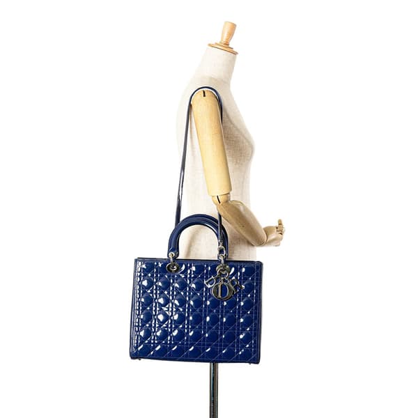 Pre-owned Dior Large Patent Cannage Lady Dior Blue