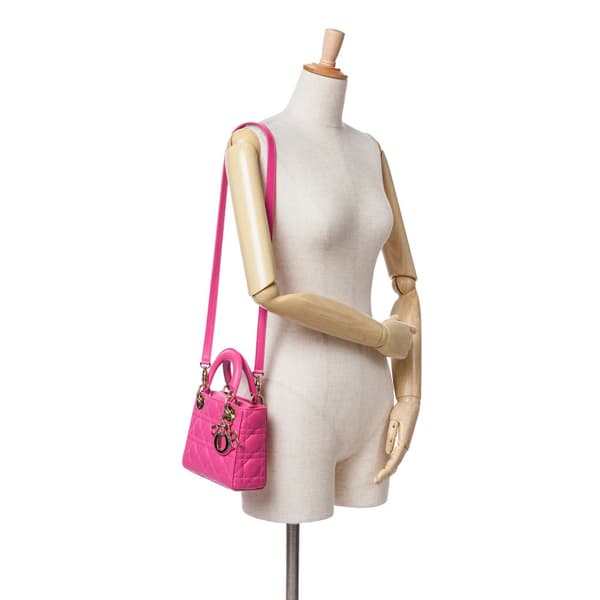 Pre-owned Dior Mini Lambskin Cannage Lady Dior Pink