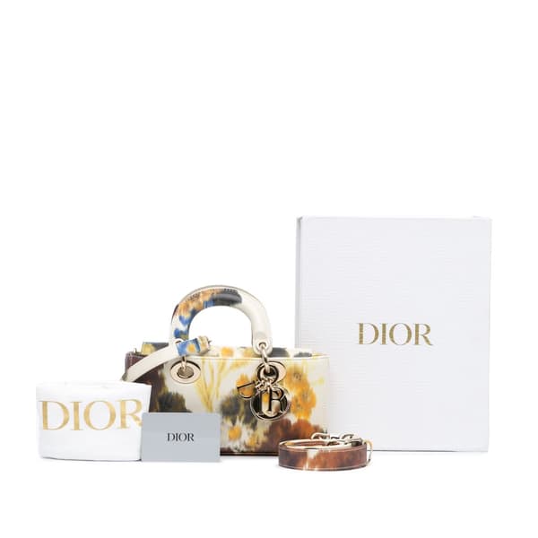 Pre-owned Dior Small Leather Floral Print Lady D Joy White