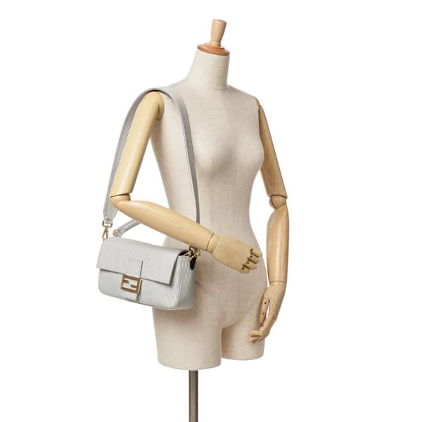 Pre-owned Fendi Striped Jersey Baguette Satchel White
