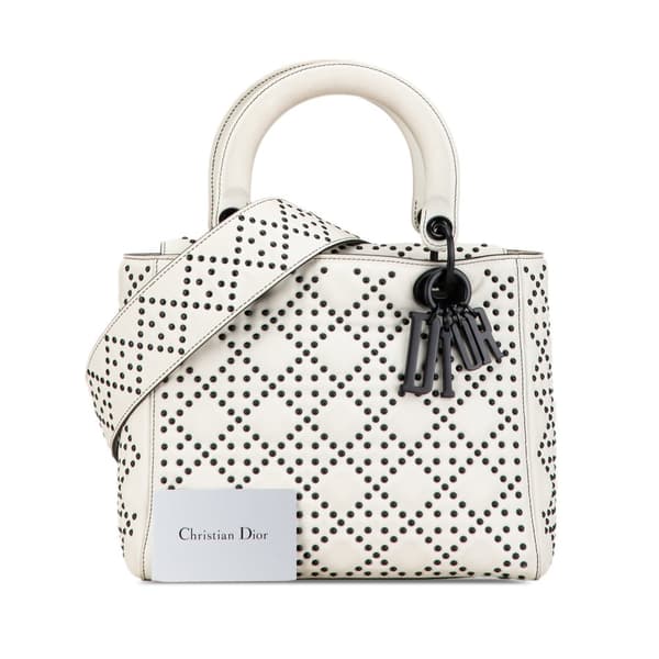 Pre-owned Dior Medium Calfskin Studded Lady Dior White