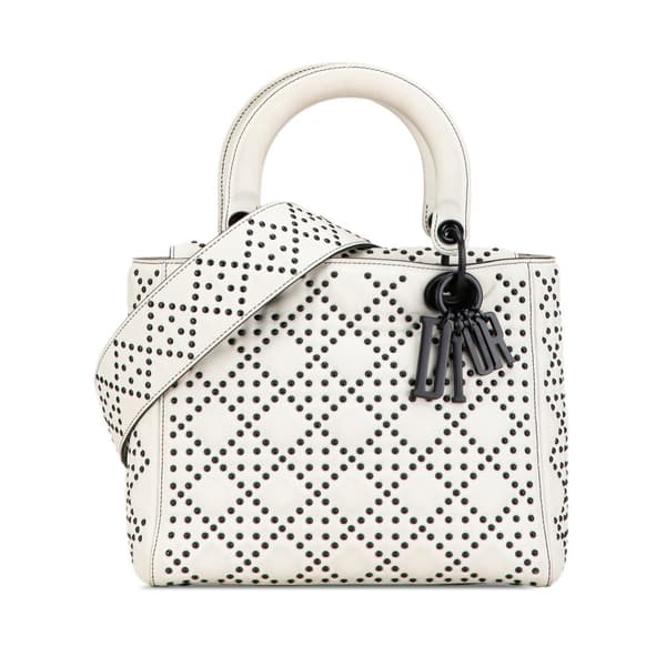 Pre-owned Dior Medium Calfskin Studded Lady Dior White