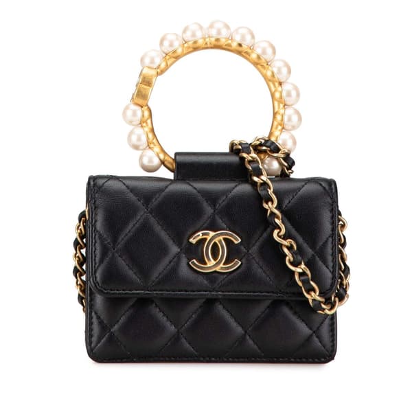 Pre-owned Chanel Quilted Lambskin Pearl Crown Clutch On Chain Black