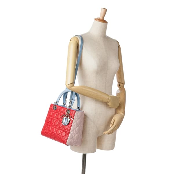 Pre-owned Dior Medium Tricolor Lambskin Cannage Lady Dior Red