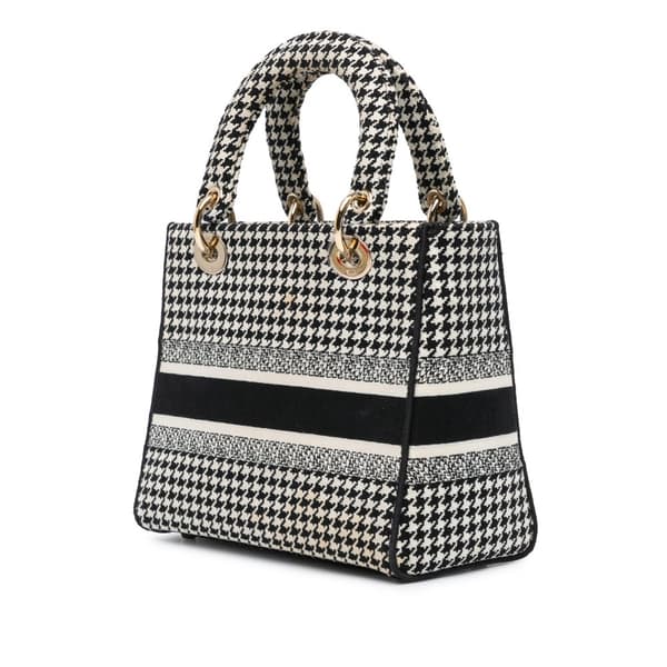 Pre-owned Dior Medium Canvas Houndstooth Embroidered Lady D Lite Black