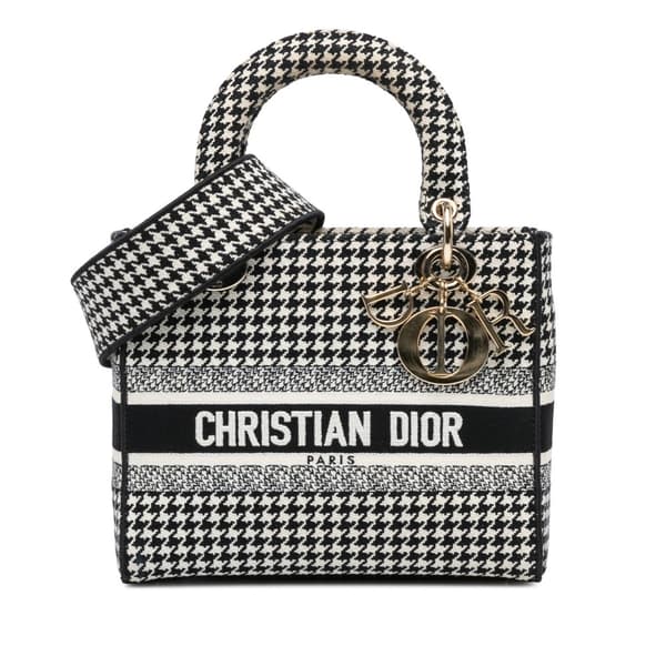Pre-owned Dior Medium Canvas Houndstooth Embroidered Lady D Lite Black