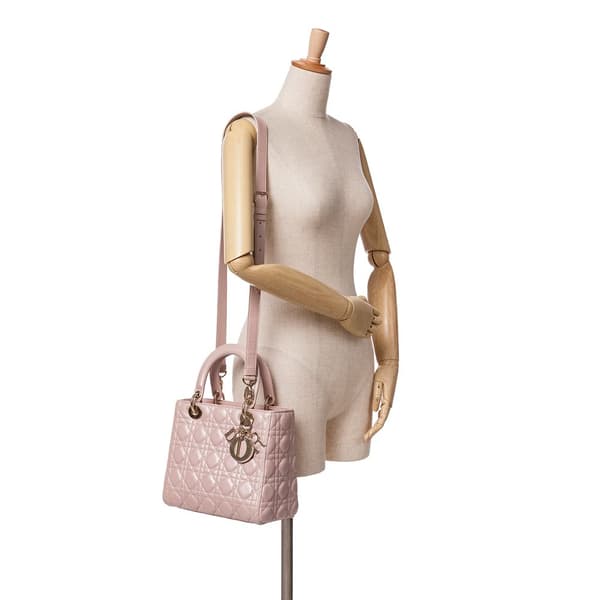 Pre-owned Dior Medium Pearlescent Lambskin Cannage Lady Dior Pink