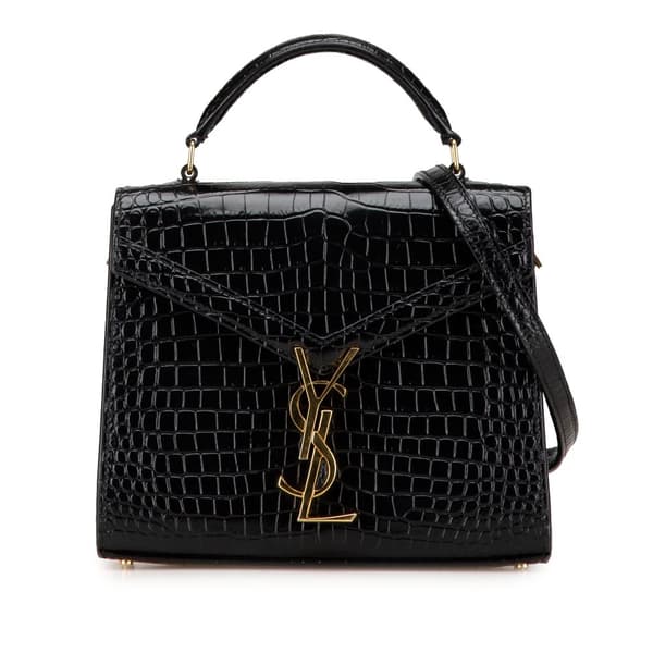 Pre-owned Saint Laurent Mini Croc Embossed Monogram Cassandra Satchel Black