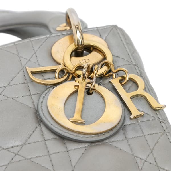 Pre-owned Dior Mini Metallic Lambskin Cannage Lady Dior Gray